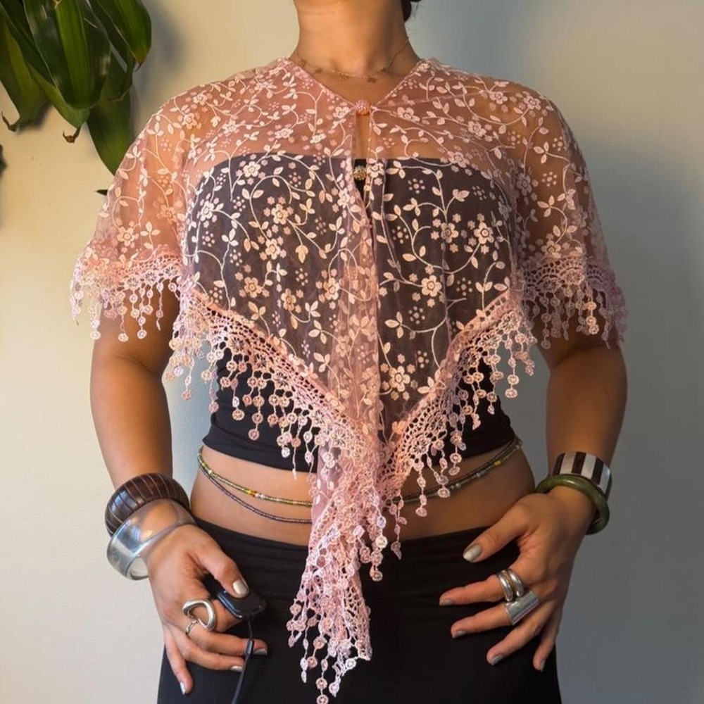 Y2K Fairycore Pink Lace Sequin Bolero Poncho Shrug Fringe Coquette XS S